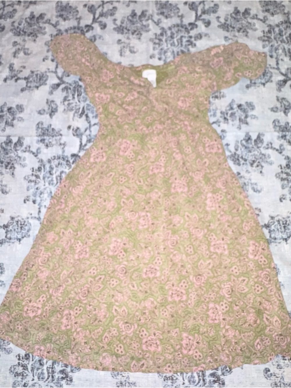 Floral Pink & Olive Midi Dress with Short Sleeves